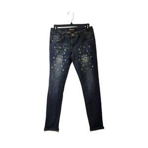 Karma Blue Embroidered Floral Flowers Rhinestones Skinny Jeans Size 3 Low Rise